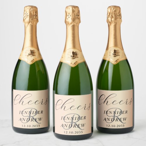 Simple Rose Gold Monogram Wedding  Sparkling Wine Label