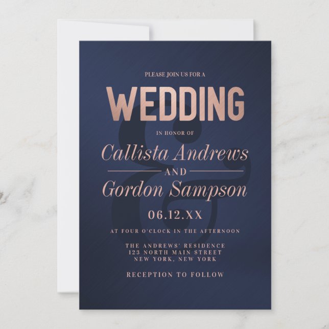 Simple Rose Gold Navy Brushed Metal Wedding Invitation (Front)