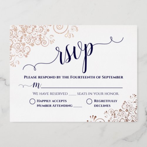 Simple Rose Gold  Navy Wedding RSVP Foil Invitation Postcard