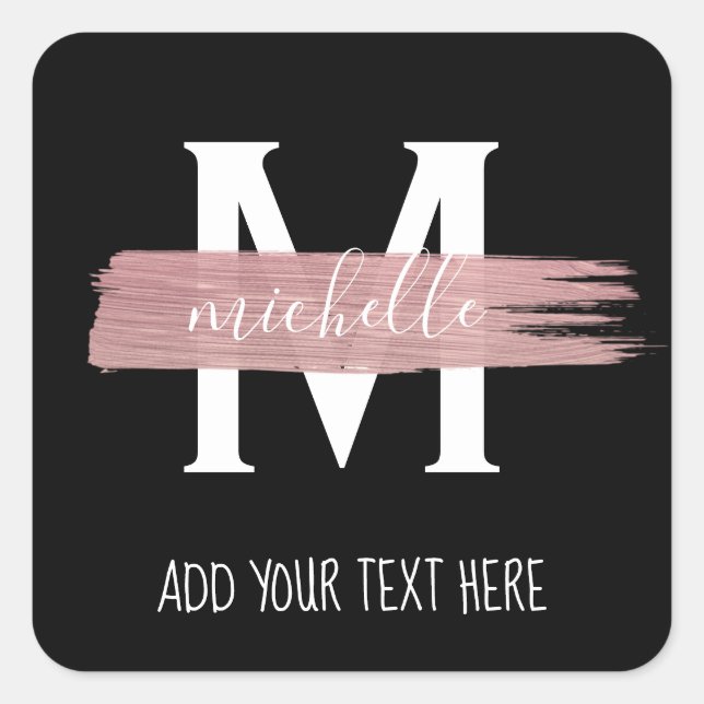 Simple Rose Gold Paint Business Monogram Black Square Sticker (Front)