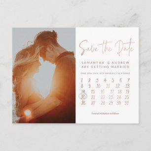 Simple rose gold photo calendar save the date announcement postcard