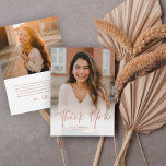 Simple Rose Gold Script 2 Photo Graduation Thank You Card<br><div class="desc">A Simple Rose Gold Script 2 Photo Graduation Thank You Card with handwritten font full bleed portrait photo on the front with name and graduation details. The back has a second photo and thank you message from the grad. Click the edit button to customize this design.</div>