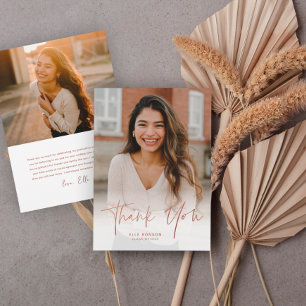 Simple Rose Gold Script 2 Photo Graduation Thank You Card