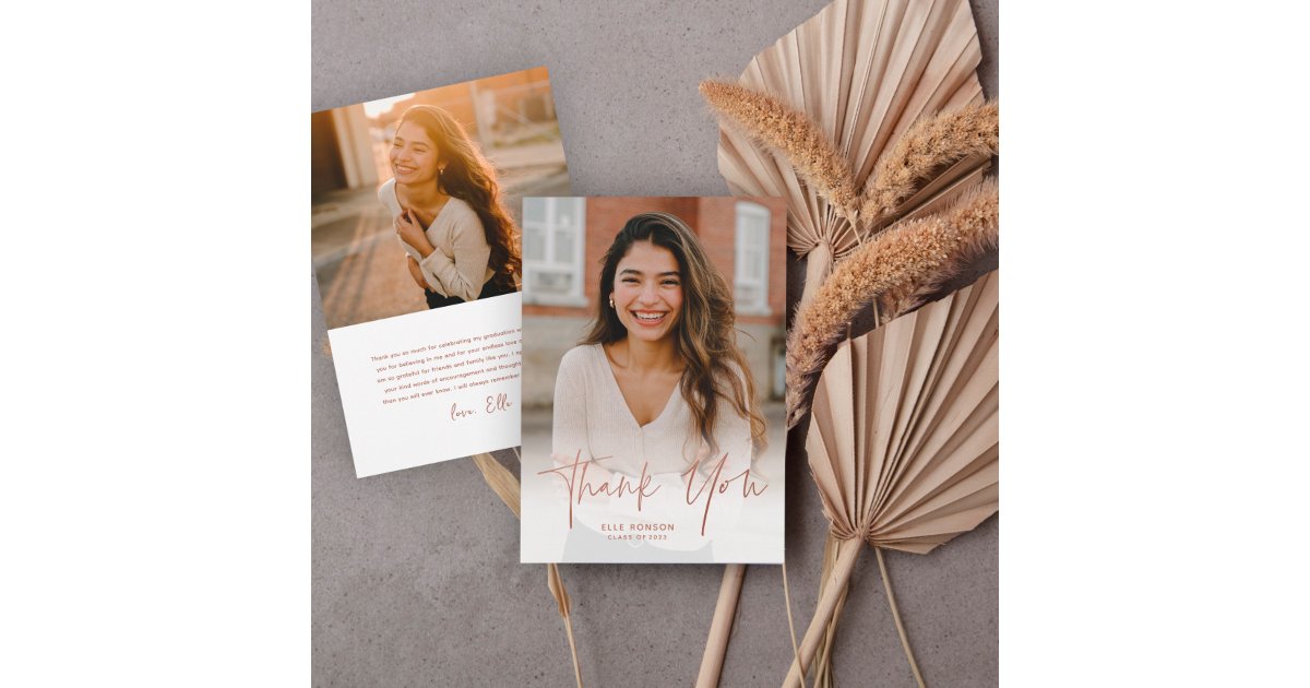Simple Rose Gold Script 2 Photo Graduation Thank You Card | Zazzle