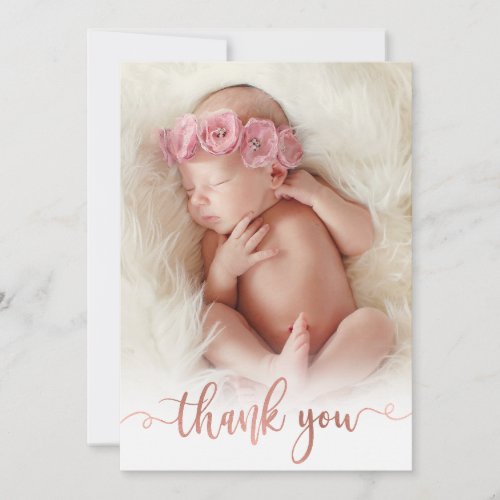 Simple Rose Gold Script Baby Photo Thank You