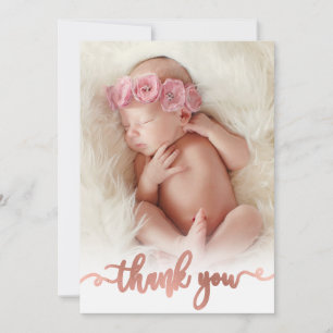 Simple Rose Gold Script Baby Photo Thank You Card