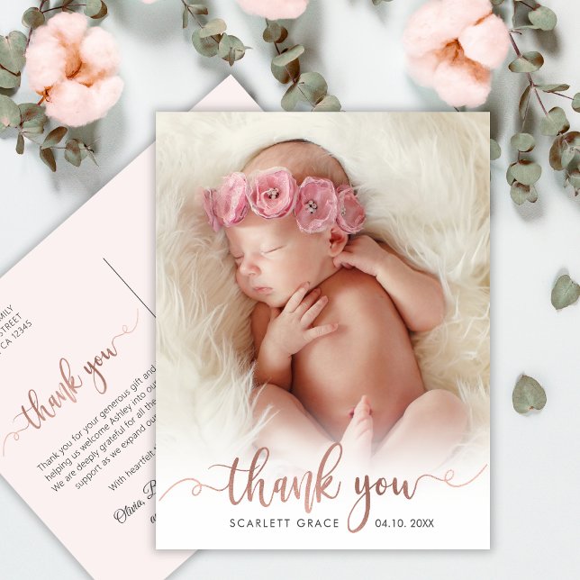 Simple Rose Gold Script Baby Photo Thank You Postcard (Creator Uploaded)