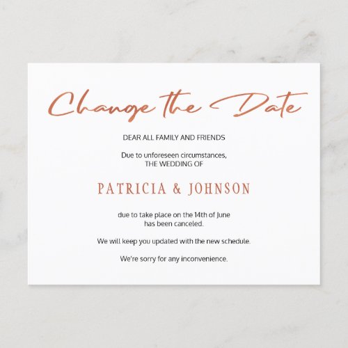 Simple rose gold script wedding change the date announcement postcard