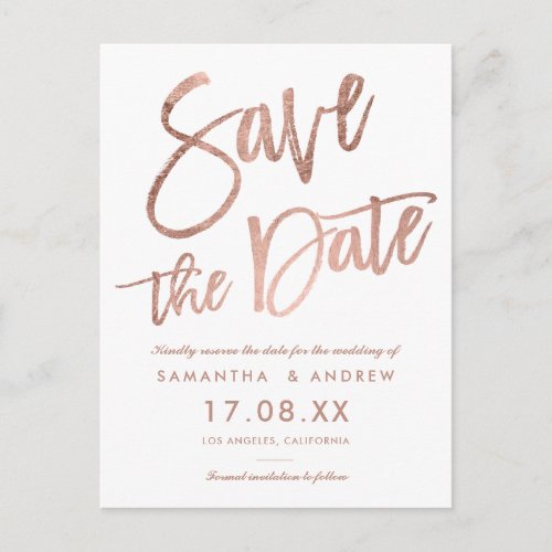 Simple rose gold script white chic save the date announcement postcard
