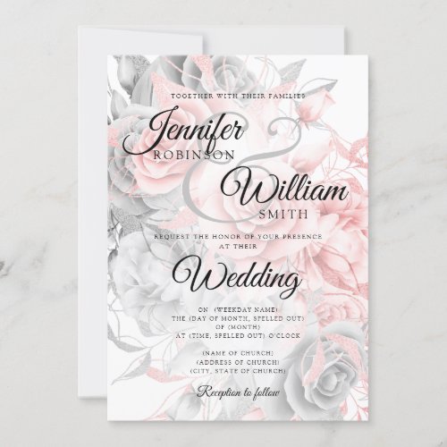 Simple Rose Gold  Silver Elegant Floral Wedding  Invitation