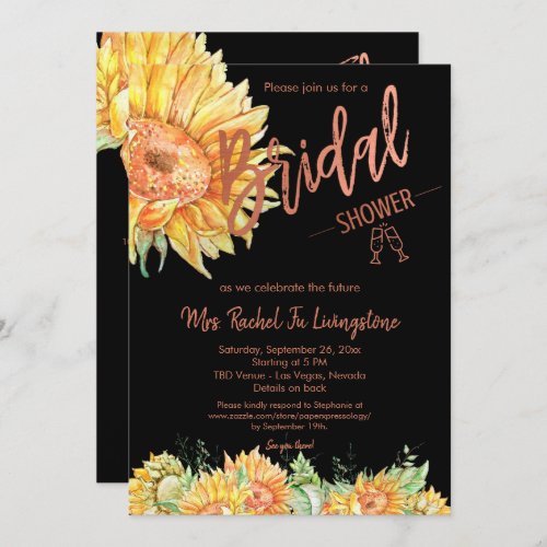 Simple Rose Gold Sunflower Bridal Shower Details  Invitation