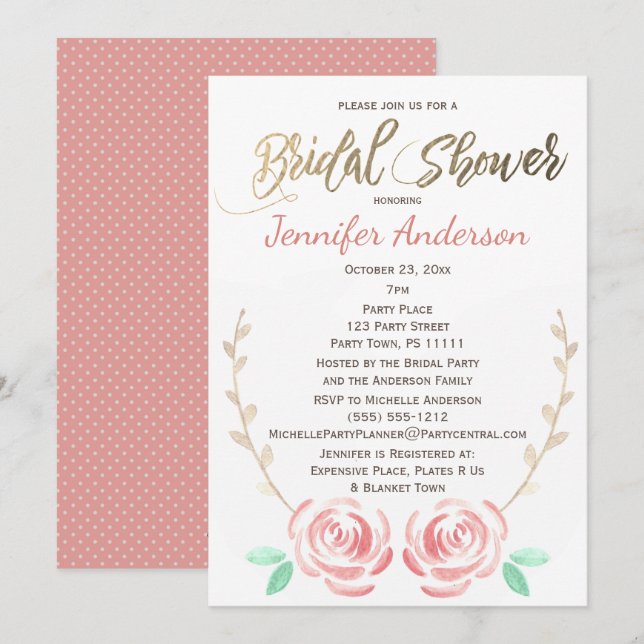 Simple Rose Gold Vine Polka Dot Bridal Shower Invitation (Front/Back)