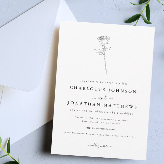Simple Rose Minimalist Wedding Invitation (Simple single rose minimalist floral line art black and white wedding invitation)
