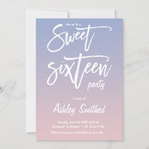 Simple rose pink blue ombre typography Sweet 16 Invitation