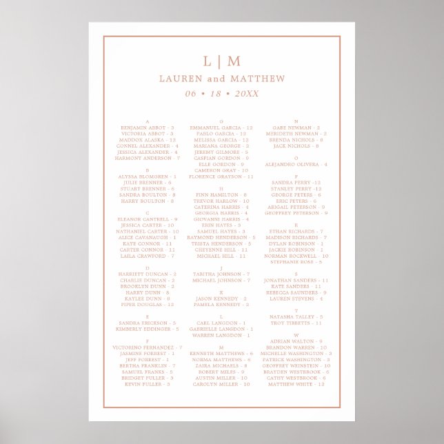 Simple Rose Pink Monogram Wedding Seating Chart (Front)