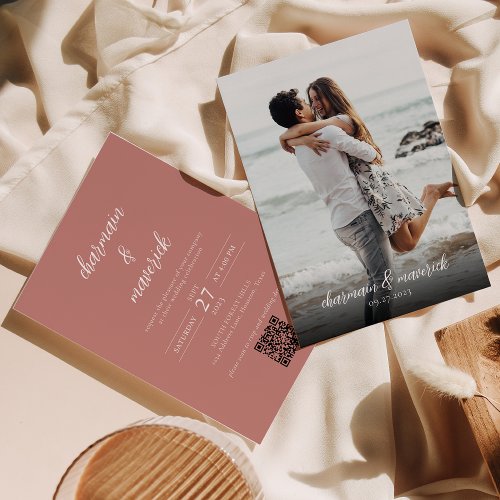 Simple Rose Pink Script Photo QR Code Wedding Invitation