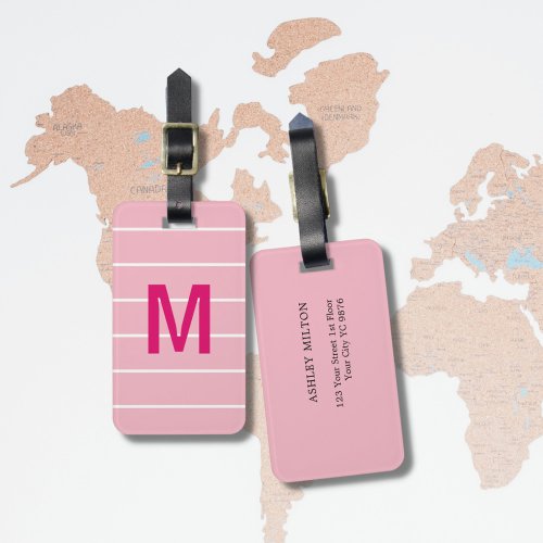 Simple Rose White Lines Pink Bold Monogram Luggage Tag