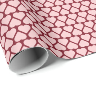 Simple Rows of Small Pink Hearts on Red Wrapping Paper