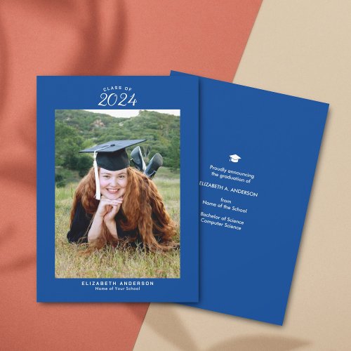 Simple Royal Blue Class of 2024 Graduation Photo Announcement