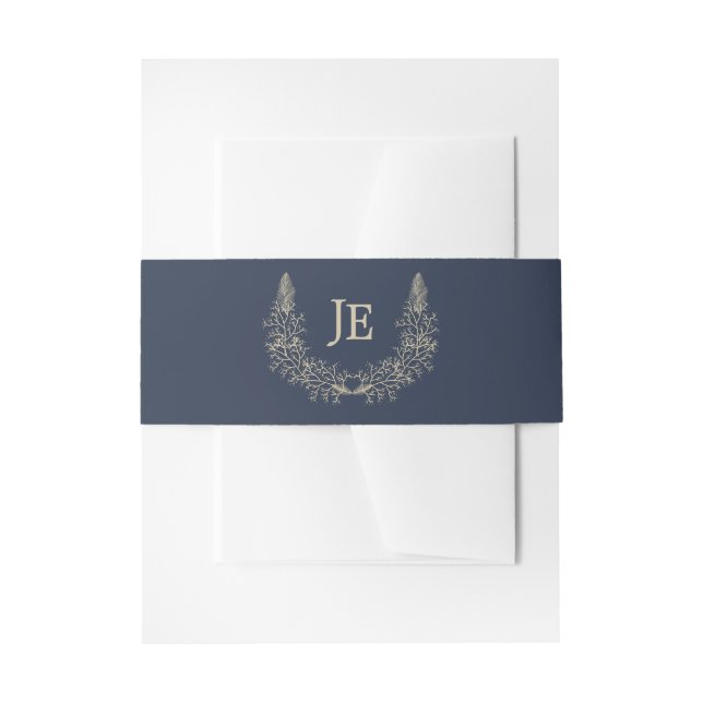 Simple Royal Blue Gold Ornaments Initials Wedding Invitation Belly Band (Front Example)