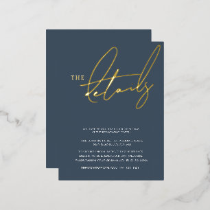 Simple Royal Blue Gold Script Wedding Details Gold Foil Invitation Postcard