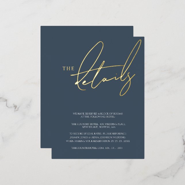 Simple Royal Blue Gold Script Wedding Details Gold Foil Invitation Postcard (Front/Back)
