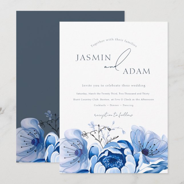 Simple Royal Blue Opulence Floral Roses Wedding  Invitation (Front/Back)