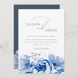Simple Royal Blue Opulence Floral Roses Wedding Invitation