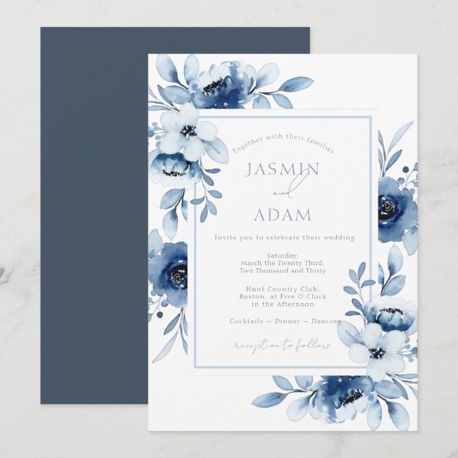 Simple Royal Blue Opulence Floral Wedding  Invitation (Front/Back)