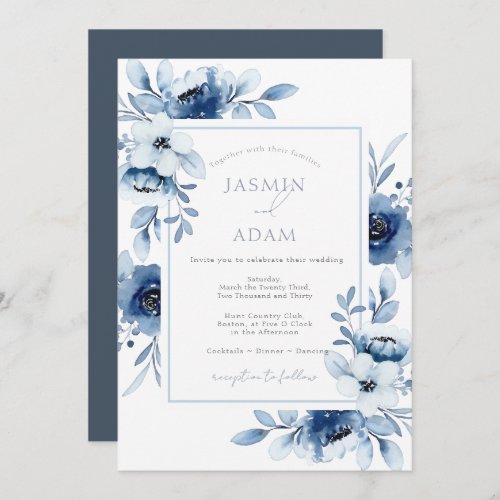 Simple Royal Blue Opulence Floral Wedding  Invitation