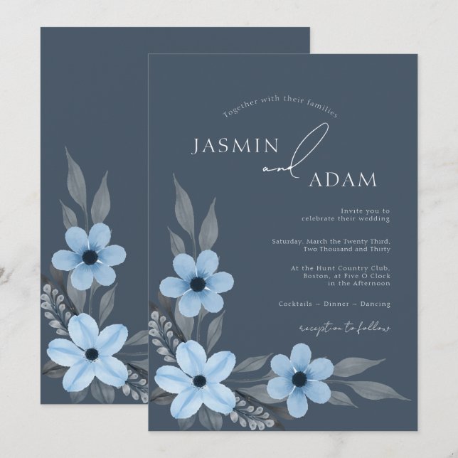 Simple Royal Blue Opulence Floral Wedding Invitation (Front/Back)