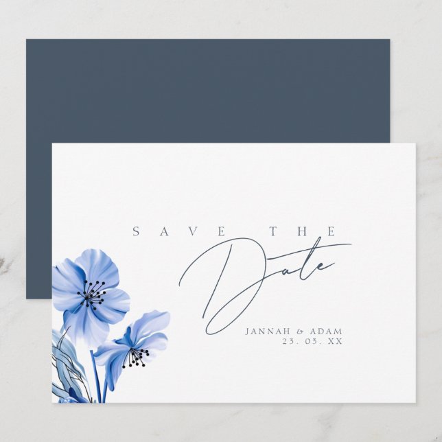 Simple Royal Blue Opulence Floral Wedding Save The Date (Front/Back)