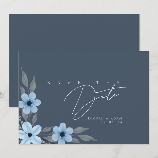 Simple Royal Blue Opulence Floral Wedding Save The Date (Front/Back)