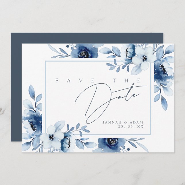 Simple Royal Blue Opulence Floral Wedding Save The Date (Front/Back)