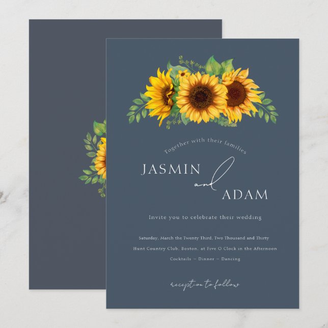 Simple Royal Blue Opulence Sunflower Boho Wedding Invitation (Front/Back)