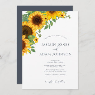 Simple Royal Blue Opulence Sunflowers Boho Wedding Invitation