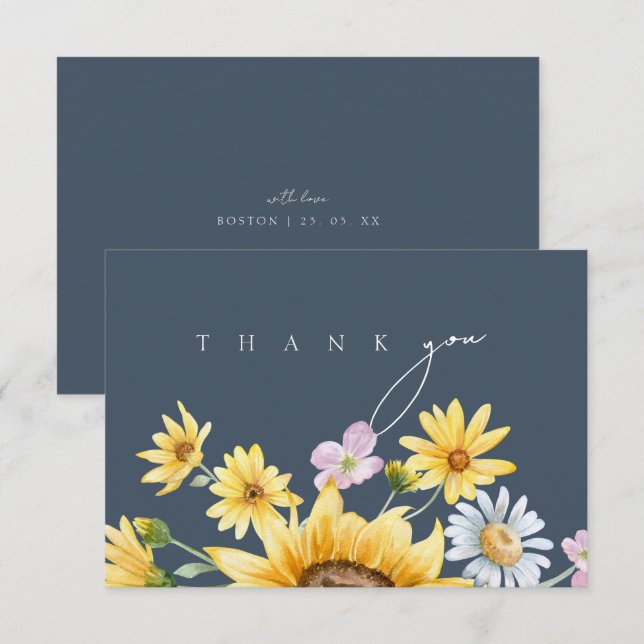 Simple Royal Blue Opulence Sunflowers Wedding Thank You Card (Front/Back)