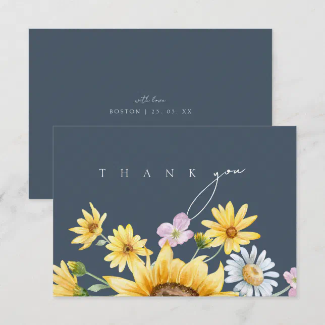 Simple Royal Blue Opulence Sunflowers Wedding Thank You Card | Zazzle