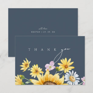 Simple Royal Blue Opulence Sunflowers Wedding Thank You Card