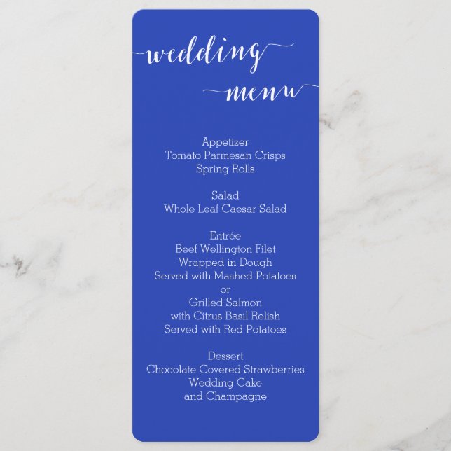 Simple Royal Blue Wedding Menu Cards (Front)