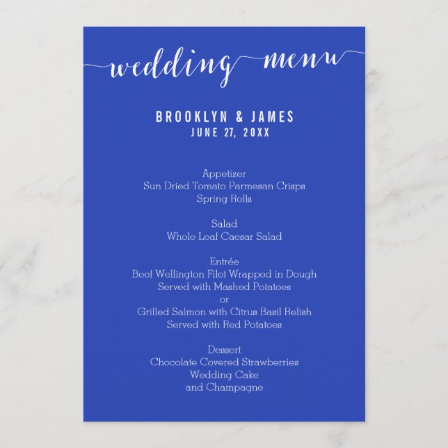 Simple Royal Blue Wedding Menu Cards (Front)