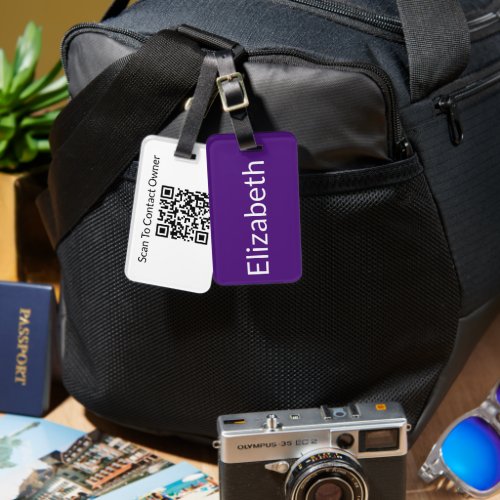 Simple Royal Purple and White Name QR Code Luggage Tag