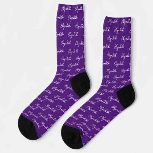 Simple Royal Purple and White Script Name Pattern Socks