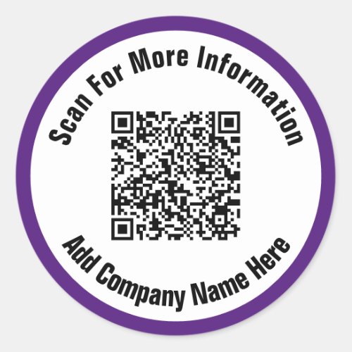 Simple Royal Purple and White Text Scan QR Code  Classic Round Sticker