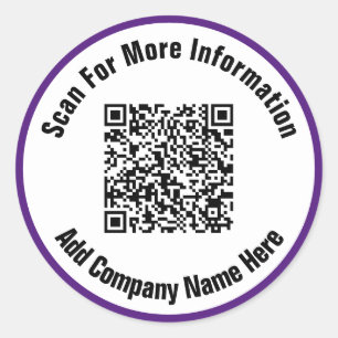 Simple Royal Purple and White Text Scan QR Code  Classic Round Sticker