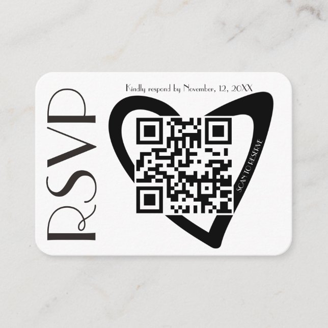 Simple RSVP Black White Heart QR Code Wedding Enclosure Card (Front)