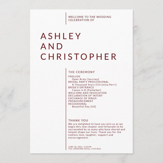 Simple Ruby Red Isolated Names Wedding Ceremony Program (Front)
