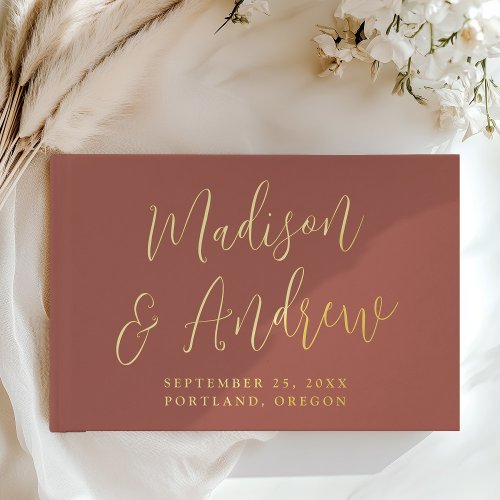 Simple Rust and Gold Foil Script Photo Wedding Foil Guest Book