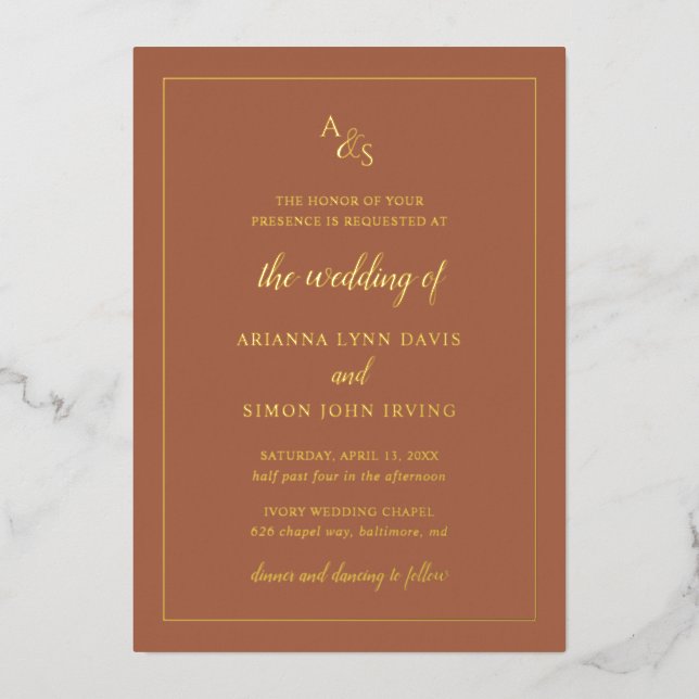 Simple Rust Monogram Formal Elegant Wedding Foil Invitation (Front)
