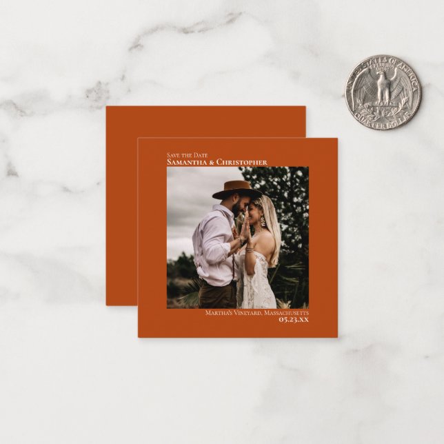Simple Rust Orange Wedding Save the Date Photo Note Card (Front/Back In Situ)